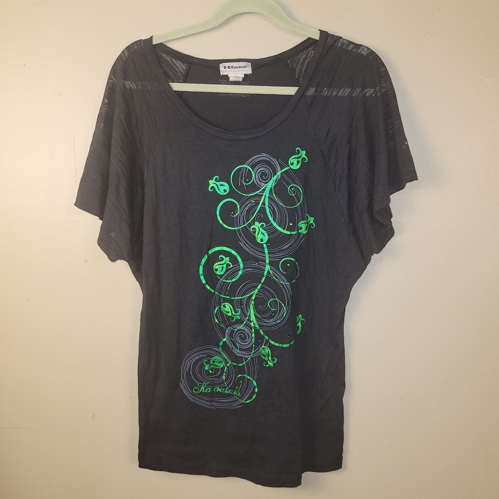 Kawasaki Women's Black Graphic Sheer Sleeve Top‎ Size Large Genuine Accessories
